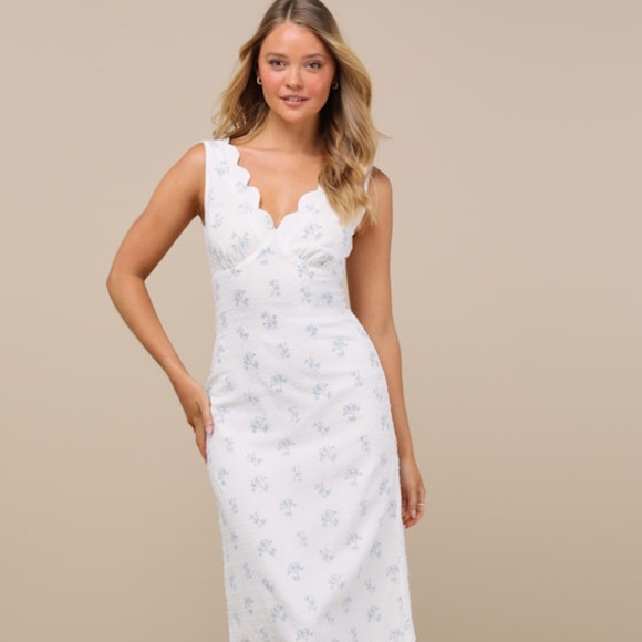 Lulus Natassa White Floral Swiss Dot Midi Dress - Size L - Picture 1 of 5